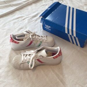 adidas White Sneakers with Pink, Green, and Yellow Accents